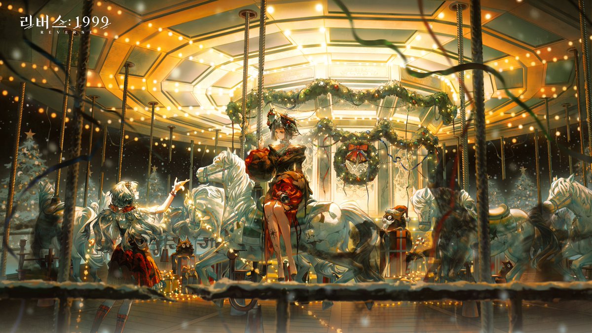 리버스: 1999 | 고요한 밤, 거룩한 밤 

눈 내리는 밤 아래, 회전목마는 고요히 궤도를 그리고 
겨우살이 곁의 리본들은 바람결을 따라 나풀거립니다.
밤이 깊어갈수록 소녀의 미소는 별빛을 닮아 반짝입니다.

#리버스1999 #리버스1999한밤의기적소리