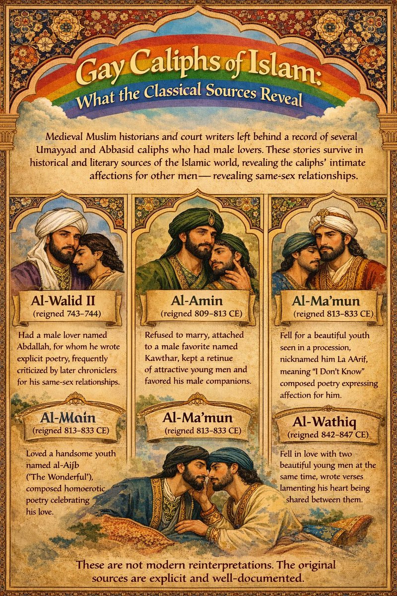 Gay Caliphs of Islam: What the Classical Sources Reveal

Medieval Muslim historians and court writers left behind a record of the private lives of several Umayyad and Abbasid caliphs that modern audiences often find shocking. These accounts—preserved in Islamic historical and