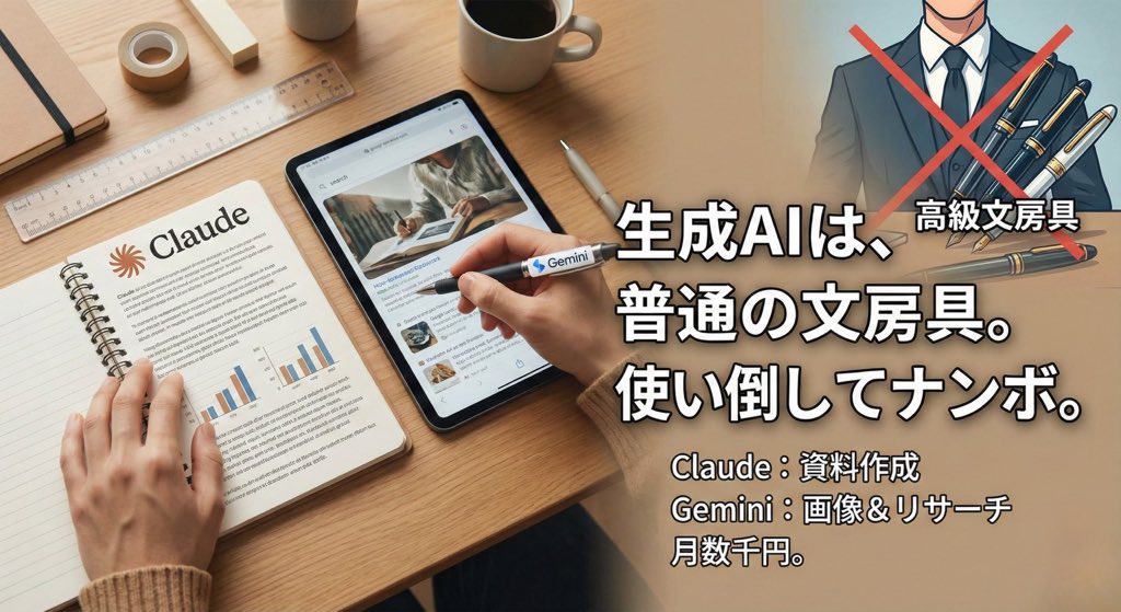 KeepMoveLab's tweet image. 「AI活用」って言うと大げさに聞こえるけど、正直もう文房具感覚で使ってる。
資料作成はClaude、画像とリサーチはGemini。
コンサルが「高級文房具」って揶揄されてるけど、生成AIは月数千円の普通の文房具。
道具は使い倒してナンボ。特別なものにしてる方がもったいない。