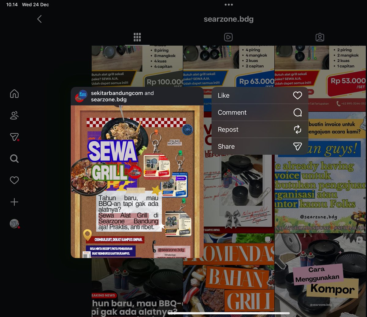 Tahun baru, mau BBQ-an tapi gak ada alatnya? 
Sewa alat grill di Searzone Bandung aja! Praktis, anti ribet.

Kali ini kita collab with @/Sekitar Bandung lho, so let’s booking before full. 

Ht Sewa alat grill bandung / Sewa alat panggang / acara makrab / acara kantor / new year.