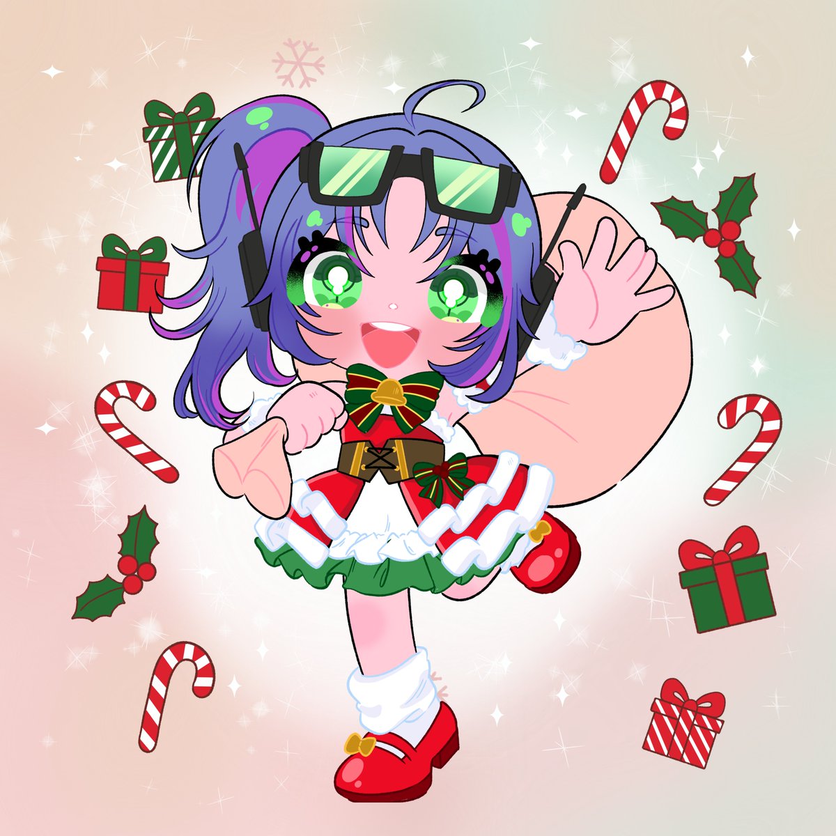 SaidaStein's tweet photo. Merry Christmas from Saida!! 
Hope you all have had a wonderful holiday and spend it well with friends and family...Make some good memories this year! 

What cool gadgets did you get? Saida would love to know!! 🎁💚💜
Art by @/usamiblue! https://t.co/bfrjgePC52