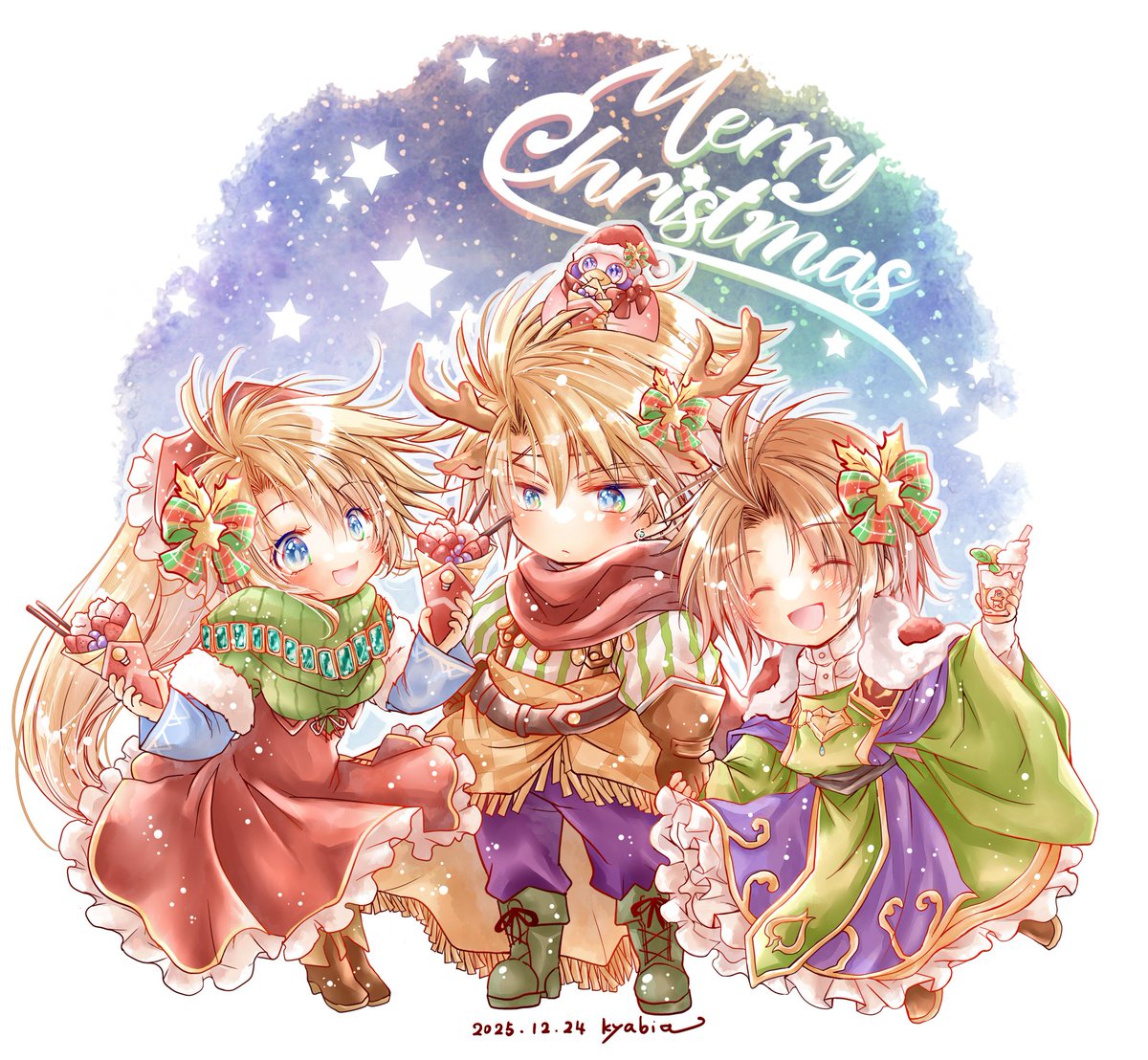 Kyabia06's tweet photo. 🎄メリークリスマス🎄
ヨハヴァンみーちゃんはクリスマスデートに出たようです(*´▽｀*)
お家ではギュス様やレスリーがご馳走とプレゼントをたくさん用意して子供たちの帰りを待ってます。

今日明日は大人も子供も楽しい日になりますように😸 https://t.co/JLXfF3Cmcu