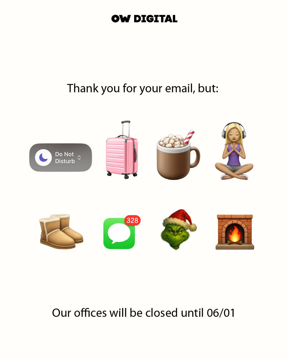 Currently unavailable, byeeee 👋👋👋

#OWDigital #DigitalMarketing #MarketingAgency #OutOfOffice #HolidayBreak #Christmas