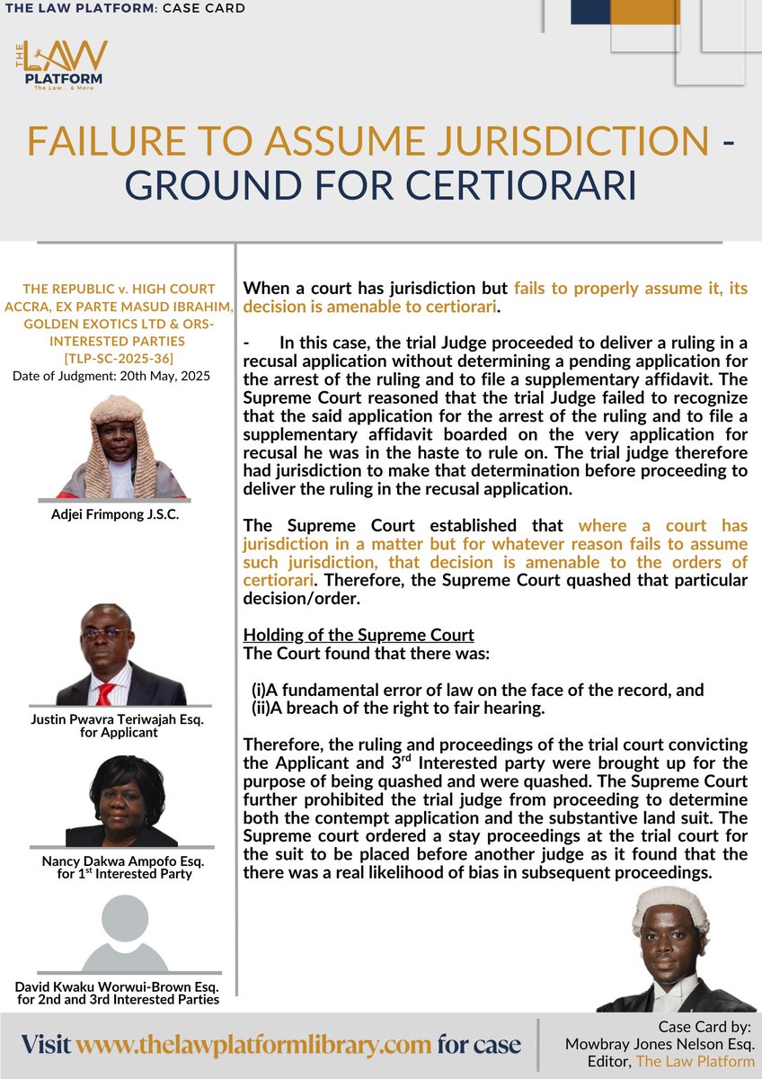 DeLaw_Platform's tweet photo. A Court should assume jurisdiction where it has jurisdiction. Failure to assume is an error - Certiorari can lie
Read/Download case here=> https://t.co/ooz9IYQhdl
#CaseCard
#TheLawPlatform https://t.co/ihNo70QuUA