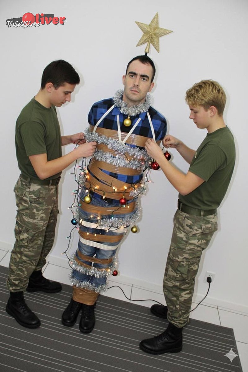 OliverSelfSlave's tweet image. At military school, recruits jealous of Oliver, who had been granted leave for the holidays, decided to prevent him from leaving and involve him against his will in decorating the barracks🎄

AI image by @RopesCamouflage

#gaySoldier #gayUniform #gayXmas #gaytape #fetishXmas