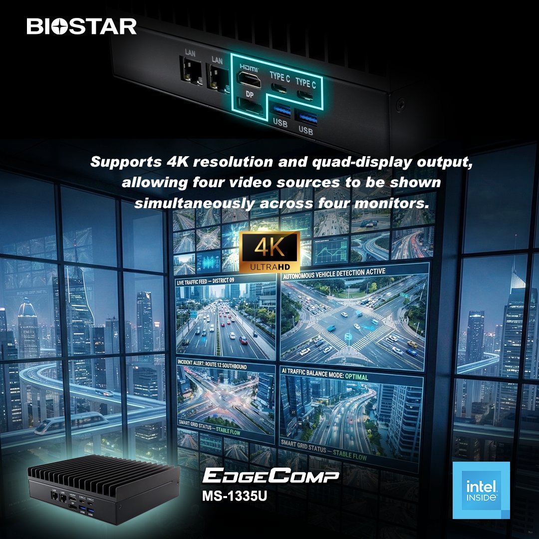 See more. Do more.
EdgeComp MS-1335U supports stunning 4K resolution with quad-display output, letting you run four screens at once for smoother multitasking and a more efficient workflow.

Know more:
biostar.com.tw/app/en/ipc/int…

#BIOSTAR #EdgeComputing #intel #industrial