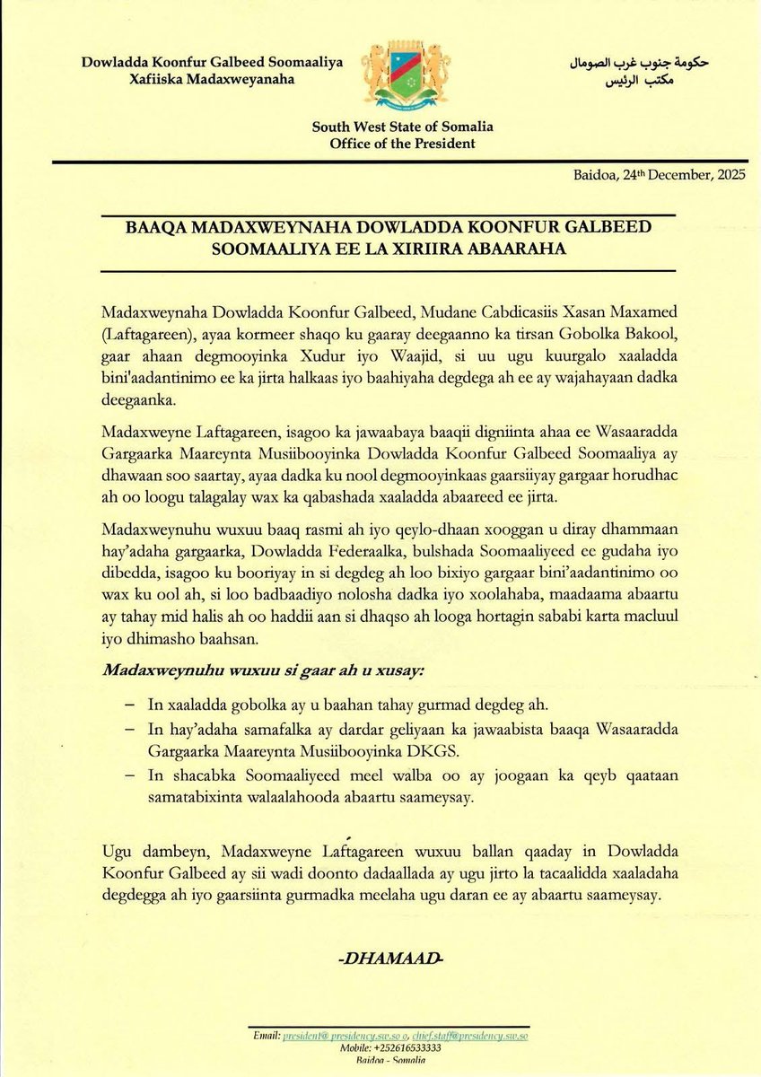 nasirarush's tweet photo. Official Statement from the President @Laftagareen of the #South #West #State #Government regarding the drought affecting the South West regions.

Baaqa Madaxweynaha Dowladda Koonfur Galbeed ee la Xariira Abaaraha ka jira Deegaanada Koonfur Galbeed.

@SomaliPM 
@southweststat 
@TheVillaSomalia 
@UNReliefChief 
@UNOCHA 
@eu_echo 
@humanitarian 
@WFPChief 
@unicefchief 
@FilippoGrandi 
@UNSomalia 
@UNTMIS_