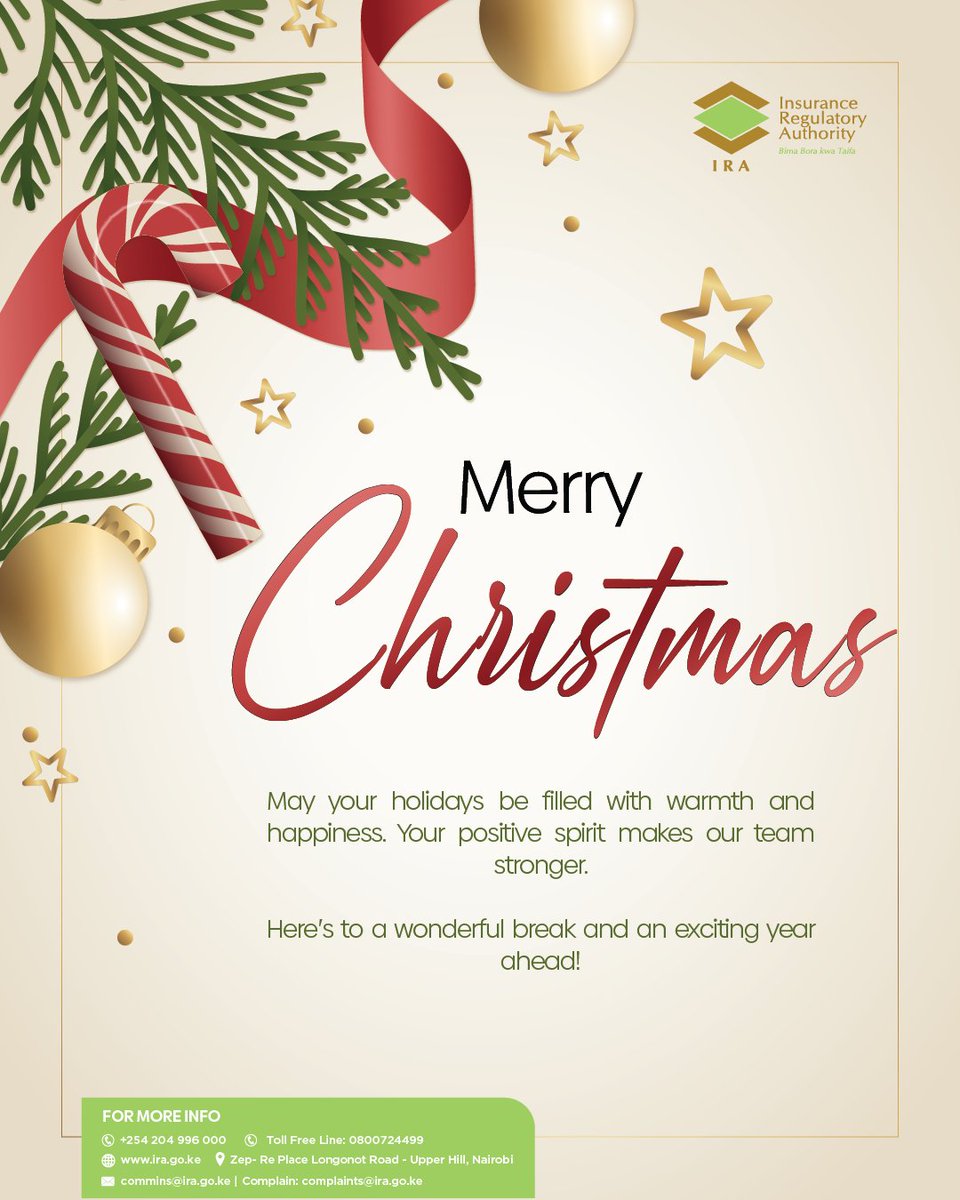 ira_kenya's tweet image. Wishing you joy, peace, and safety this festive season.
Merry Christmas from the IRA family to yours!
#FahamuBima #IRASeasonGreetings