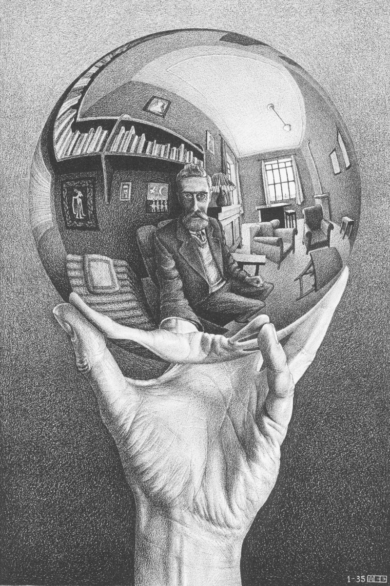 Sanat tarihinde en ilginç bulduğum otoportrelerden biri, M.C. Escher’in cam küredeki yansıması. Kürenin pürüzsüz, yansıtıcı soğukluğu ile onu tutan elin her bir çizgisi, damarı ve dokusu arasındaki o muazzam zıtlık...
