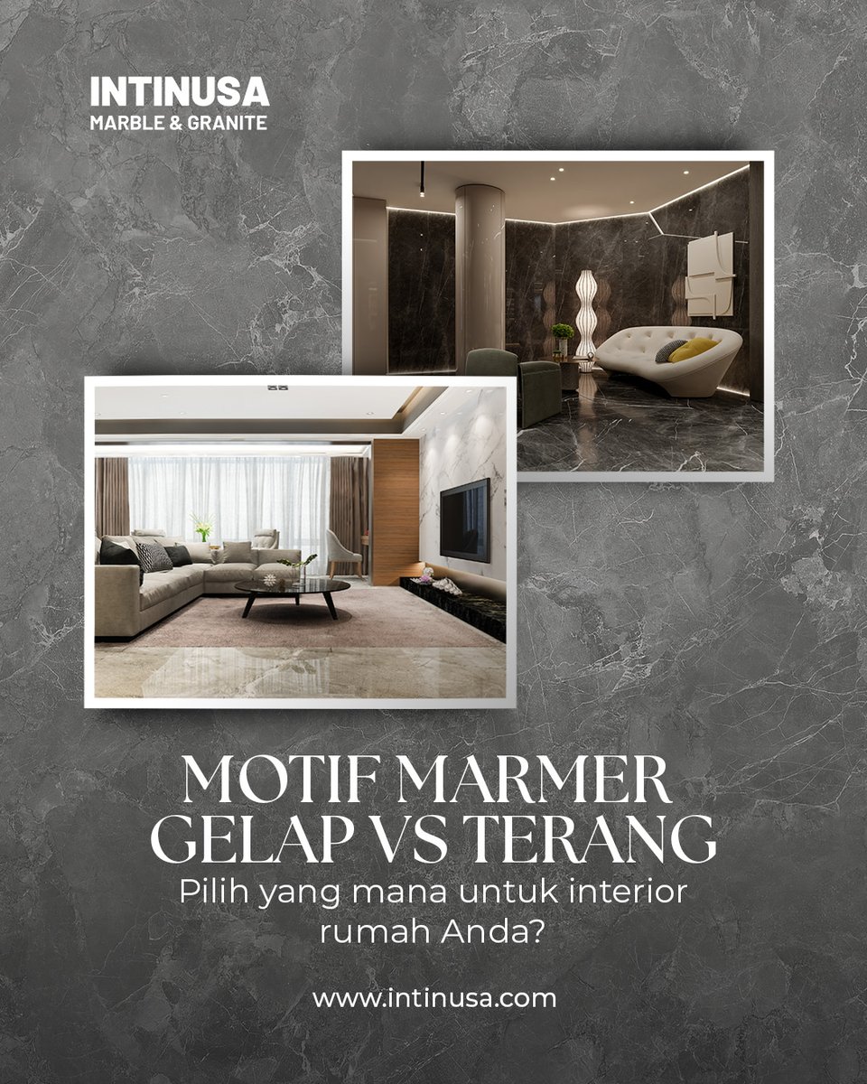 IntinusaS's tweet photo. Motif marmer gelap vs terang, beda rasa ke satu ruang.

Marmer terang bikin ruang terasa lebih luas &amp; bersih, tapi lebih sensitif noda.
Marmer gelap tampil dramatis &amp; eksklusif, lebih “aman” soal noda, asal pencahayaan pas. https://t.co/3EjvENty02