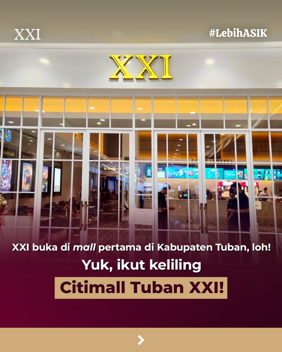 cinema21's tweet photo. Cieee, Sobat XXI di Tuban~ 🫵
Kelihatan banget nih hepinya, soalnya XXI di Citimall Tuban akhirnya resmi dibuka! 🥳🎬
Udah kepikiran mau ngajak siapa buat nonton dan jajan hari ini? https://t.co/MBlxMdFVfU