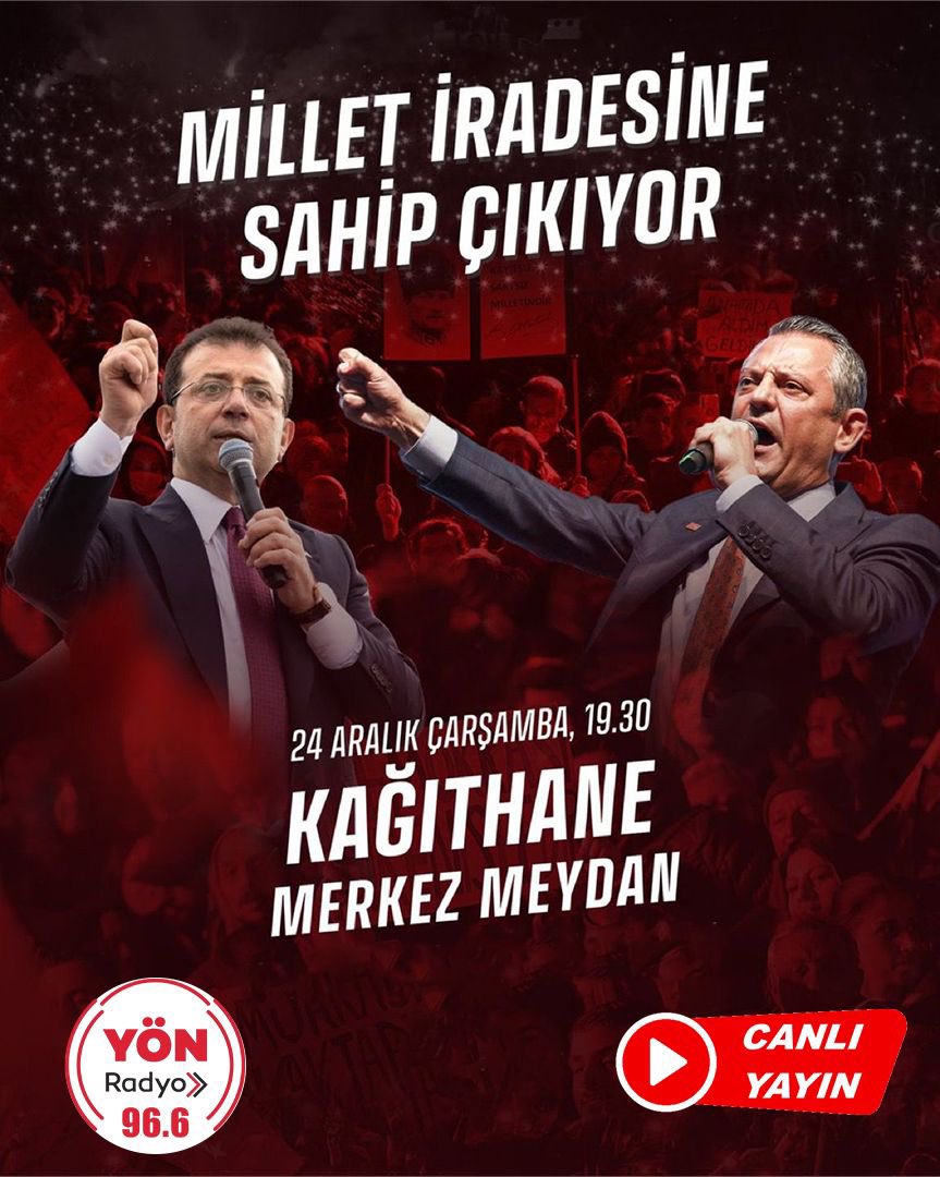 CHP Kağıthane Mitingi canlı yayınla 96.6 Yön Radyo’da. 

🗓️24 Aralık Çarşamba 
 
⏰19.30

📍Kağıthane Merkez Meydan 

#ekremimamoğlu
#chp
#milletiradesinesahipçıkıyor
