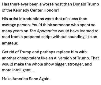 BMuseman's tweet photo. Reviews of Trump's performance as host of the Kennedy Center Honors Tuesday night have started coming in... https://t.co/DgGoiCbuhp