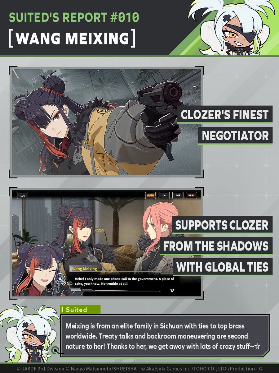 kj8_TheGame_EN's tweet photo. ◤ SUITED'S REPORT #010
— WANG MEIXING THE NEGOTIATOR — ◢
Suited reports on Wang Meixing (VA: #ManamiNumakura), the CLOZER negotiator☆
Stay tuned for Main Story Chapter 7, featuring Meixing, on January 1 JST (UTC+9)!
#K8Game #KaijuNo8 https://t.co/Y3DlmRz584