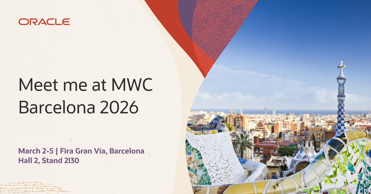 I'm headed to MWC Barcelona! Will I see you there? 

Book a meeting today or join the Oracle Communications team at #MWC26 Hall 2, Stand 2I30 to hear how you can transform your operations with automation, AI, and 5G: social.ora.cl/6013CkUh1
