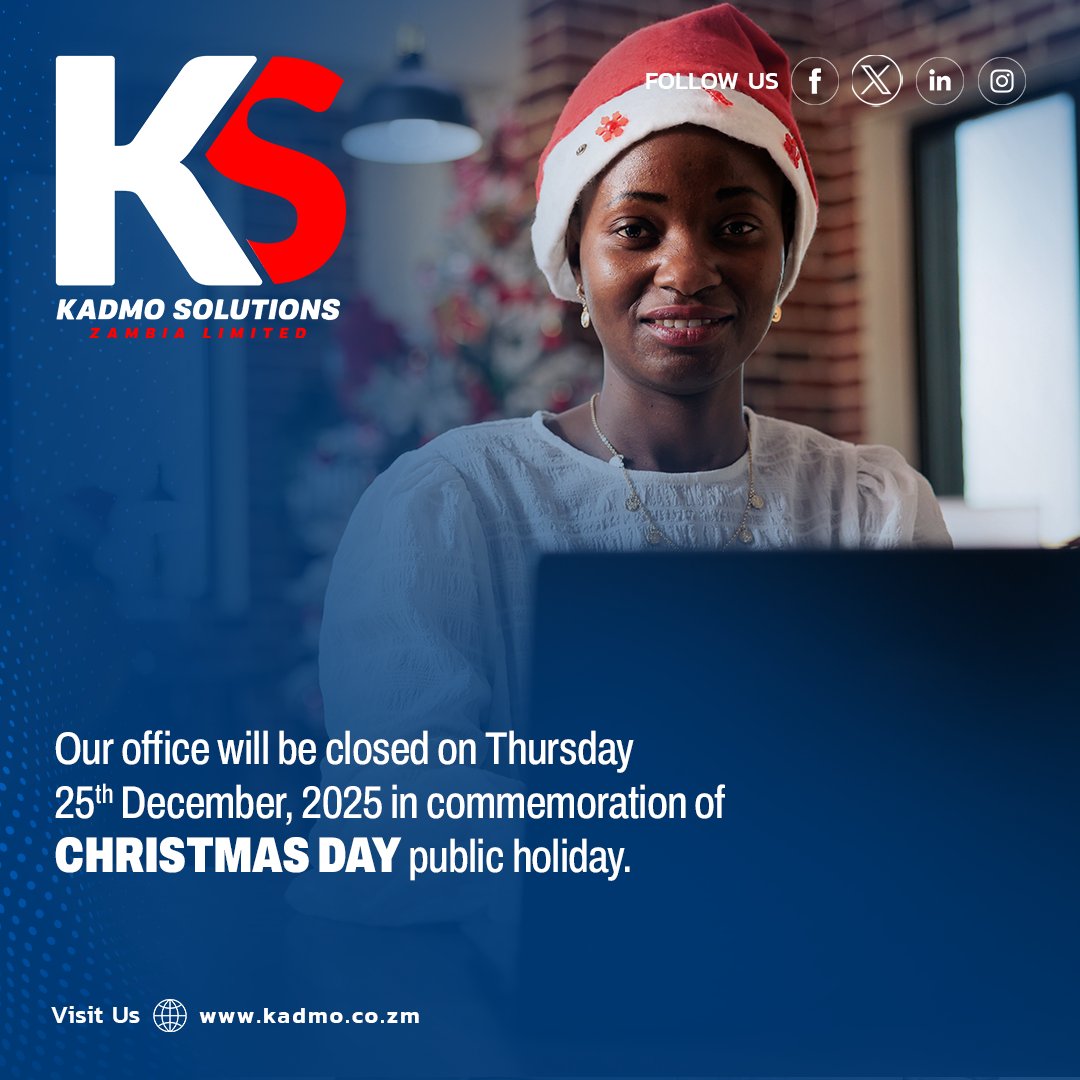Our branch will be closed on Thursday 25th December, 2025 in commemoration of Christmas Day public holiday. Read more on kadmo.co.zm

#GatewayToFinancialSolutions #KadmoSolutions