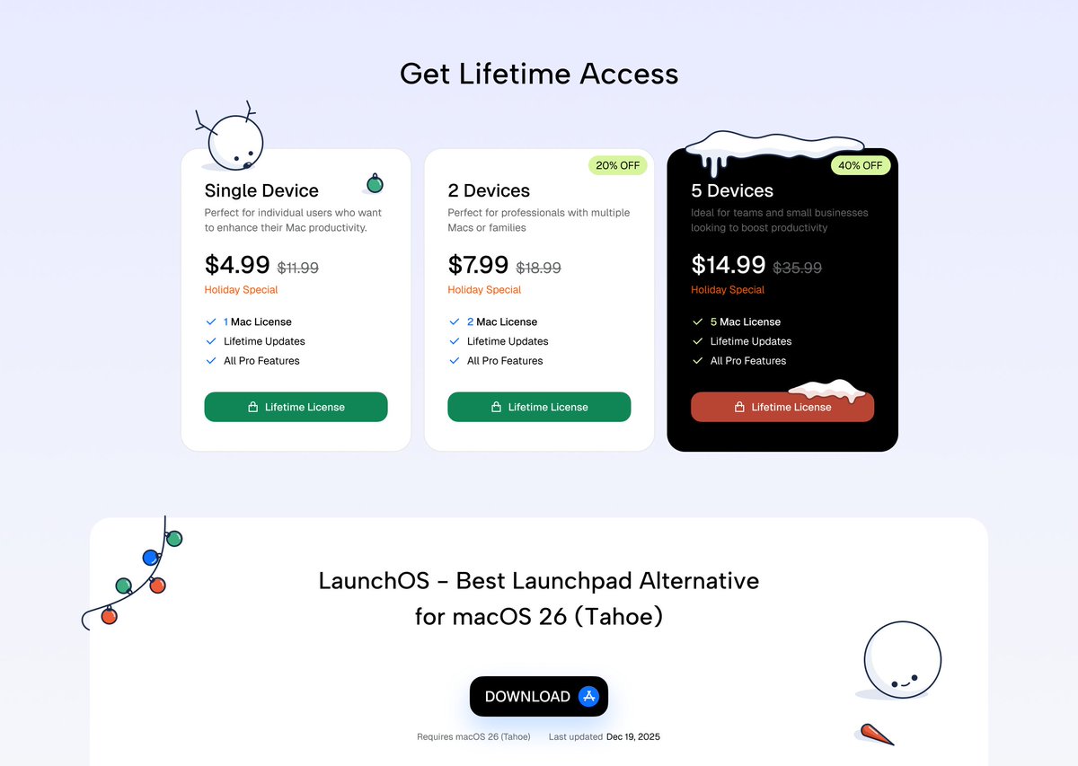 Merry Christmas🎄

A small holiday refresh on our site,
and the familiar way to launch apps on macOS 26.
launchosapp.com