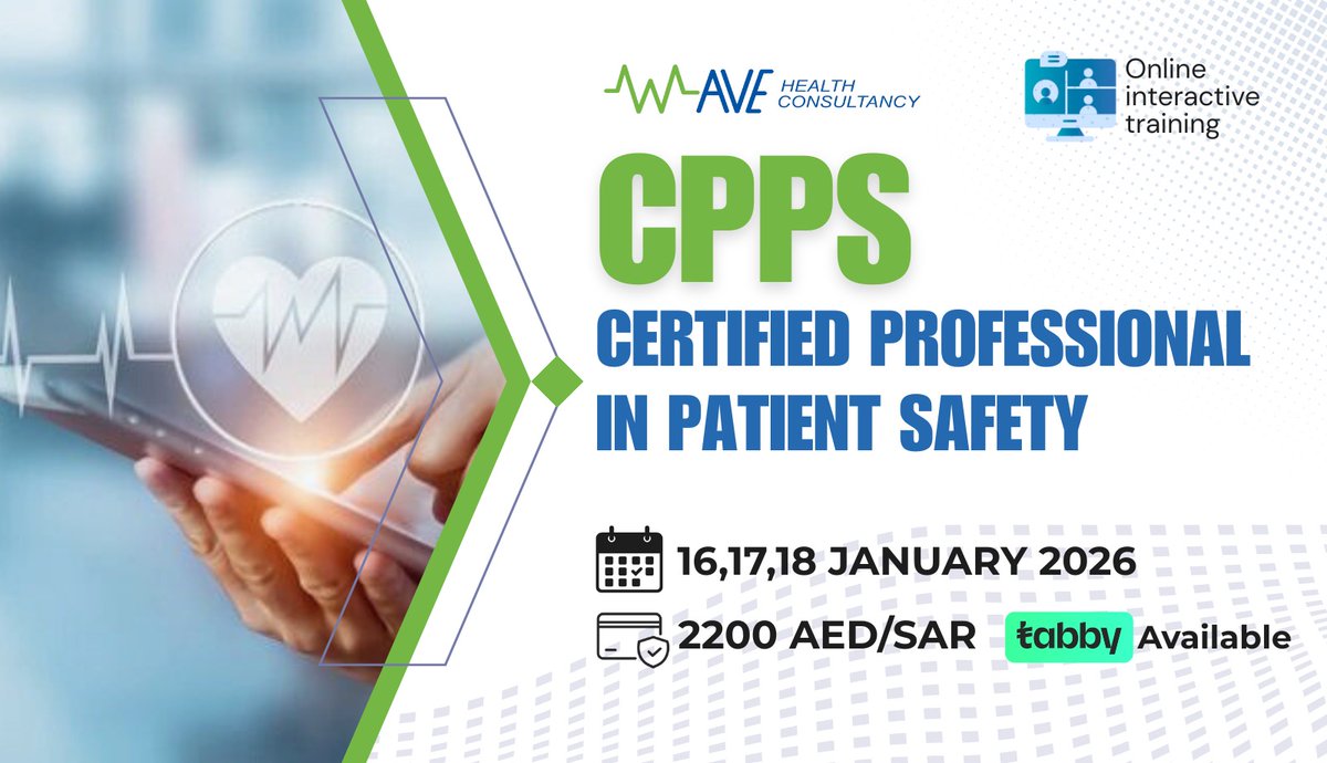 WAVEHealthCons1's tweet photo. Certified Professional in-#Patient Safety #CPPS Preparatory Program  16-17-18 #January 2026, #Online  #Training Register: https://t.co/biHobaUXkC 📲+971 561456443,+966537818632   #وظائف #healthcare #quality_job #nurses #ksa  #patientsafety #IHI #سلامةالمرضى https://t.co/k6LQLWHfFO