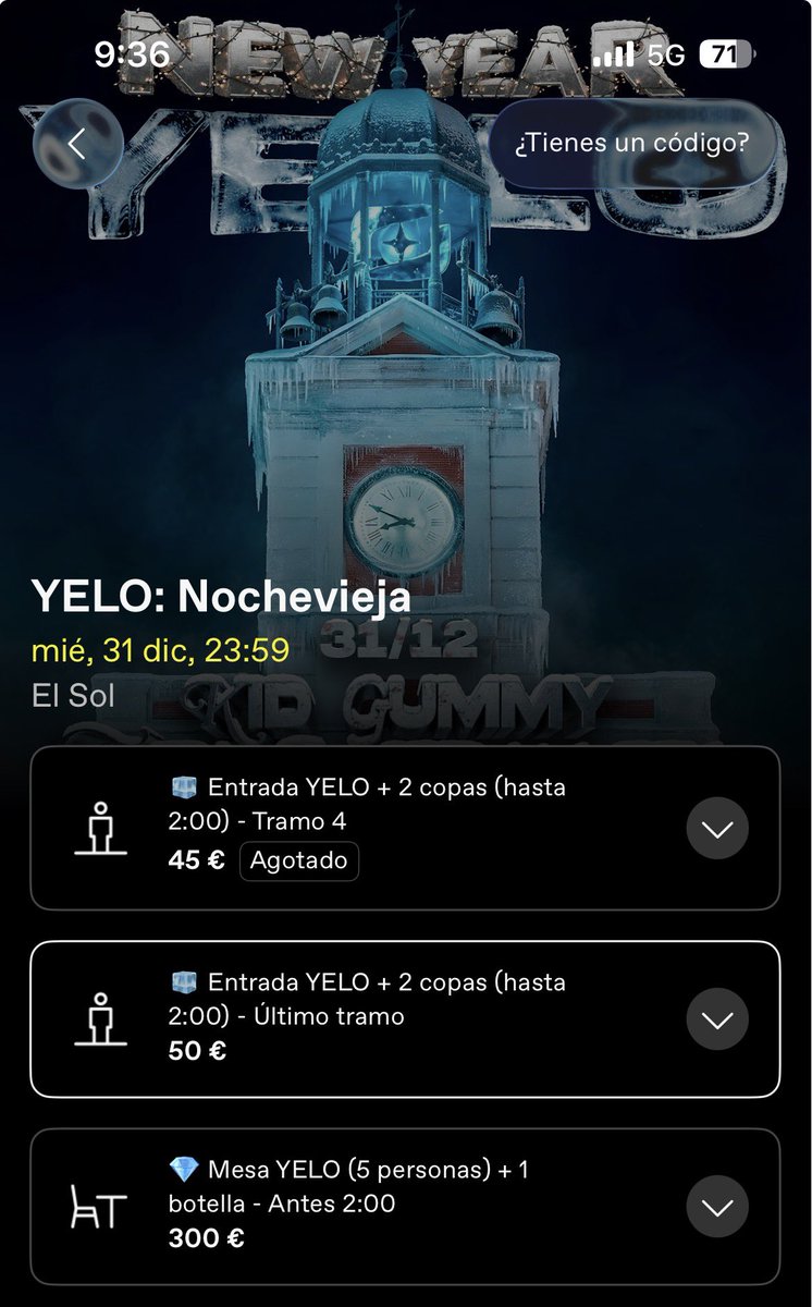 vendo entrada de yelo para nochevieja dos copas por 40€