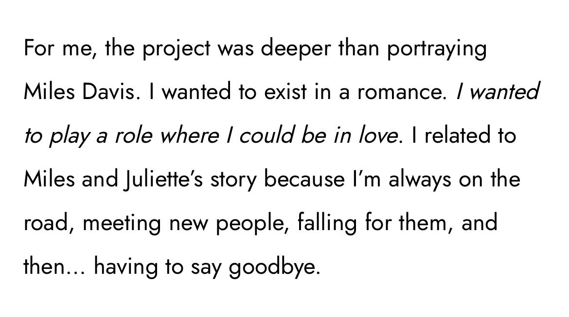 damsonidrisnews's tweet image. Damson Idris on playing Miles Davis in his upcoming project ‘Miles and Juliette’

“For me, the project was deeper than portraying Miles Davis. I wanted to exist in a romance. I wanted to play a role where I could be in love”

(Source: @arabbitsfoot_)