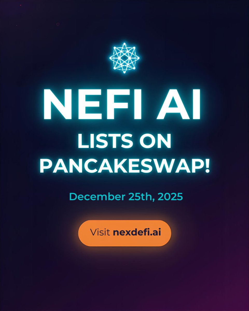 nexdefiai's tweet photo. Santa isn't the only one delivering this year! 

We are thrilled to announce that Nefiai is officially listing on PancakeSwap this Christmas! Give your portfolio the gift of innovation. 

📅 Date: December 25, 2025 
Platform: PancakeSwap 💎 Ticker: $NEFI

#pancakeswap #bnbchain https://t.co/Glzy7RG8Zo