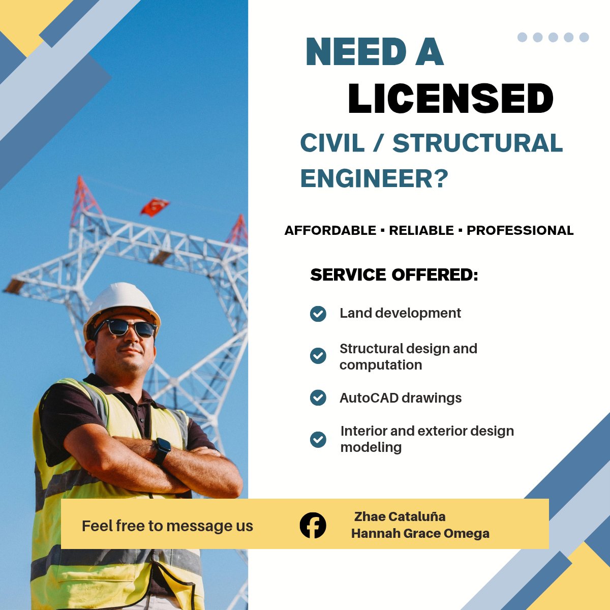 NEED A LICENSED CIVIL / STRUCTURAL ENGINEER?

Affordable • Reliable • Professional

If you know anyone who needs a Licensed Civil/Structural Engineer and is looking for a more affordable option, feel free to message me.

📩 Message me for inquiries