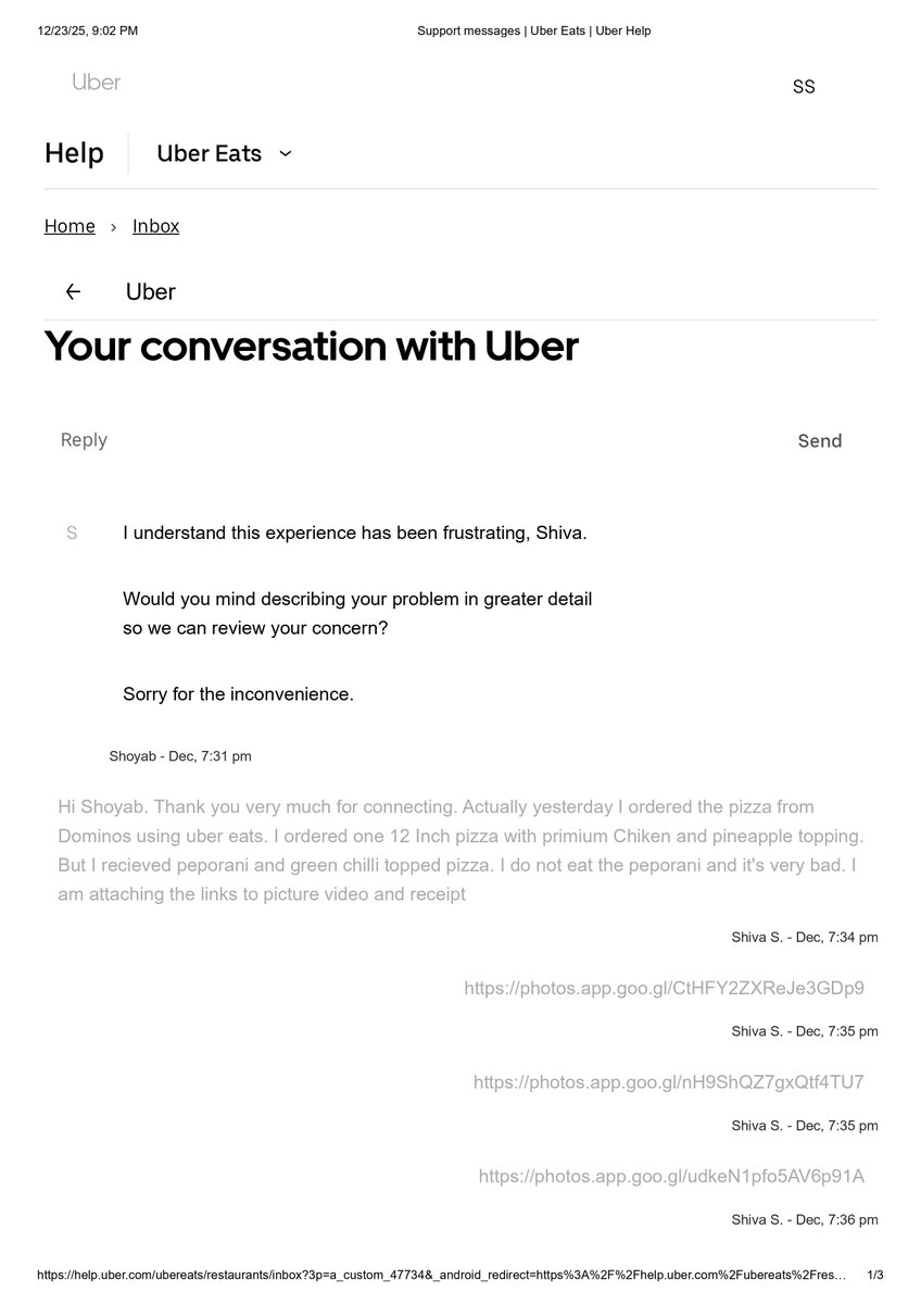 devilshiva325's tweet photo. Apparently at @UberEats:
🍍 Pineapple + Chicken = Pepperoni + Green Chili
Shared receipts, photos, videos, and chats.
Still told “order matches.”

If this is AI-powered support, please retrain it on basic vision.
@Dominos #WorstCustomerService https://t.co/xZ8nyBQajl