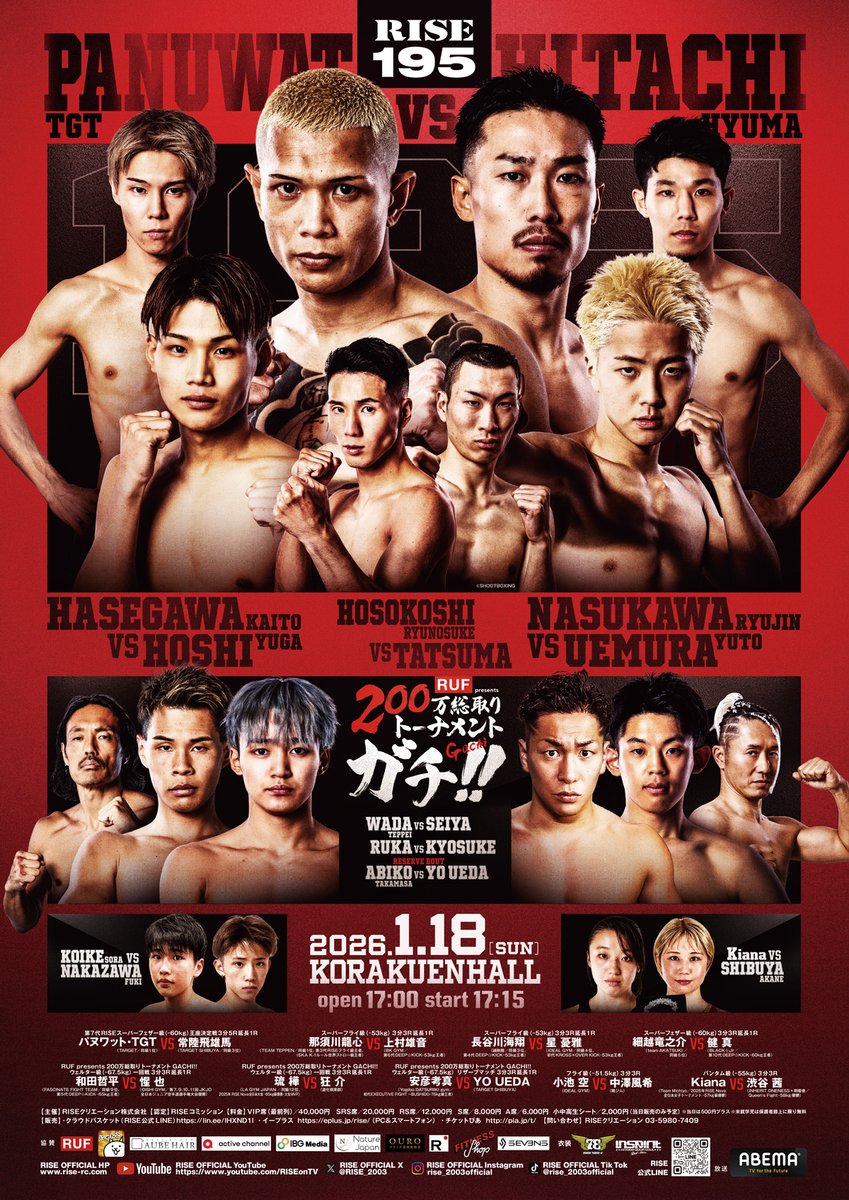 RISE_2003's tweet photo. ／✨
🥊1.18 #RISE195
＼✨
📢大会ポスターを公開！

▼第7代RISEスーパーフェザー級(‐60kg)王座決定戦 3分5R延長1R
パヌワット・TGT（TARGET／同級1位）
常陸飛雄馬（TARGET SHIBUYA／同級3位）

▼スーパーフライ級（-53kg）3分3R延長1R
那須川龍心（TEAM TEPPEN／同級1位､第3代RISEフライ級王者､ISKA K-1ルール世界ストロー級王者）
上村雄音（BK GYM／第6代DEEP☆KICK -53kg王者）

▼スーパーフライ級（-53kg）3分3R延長1R
長谷川海翔（誠剛館／同級3位､第4代DEEP☆KICK-53kg王者）
星 憂雅（IDEAL GYM／同級4位､初代KROSS×OVER KICK -53kg王者）

▼スーパーフェザー級（-60kg）3分3R延長1R
細越竜之介（team AKATSUKI／同級5位）
健真（BLACK☆Jr／第10代DEEP☆KICK -60kg王者）

▼RUF presents 200万総取りトーナメントGACHI!! ウェルター級（-67.5kg）一回戦3分3R延長1R
和田哲平（FASCINATE FIGHT TEAM／同級9位、第5代DEEP☆KICK-65kg王者）
惺也（OISHI GYM／第7.9.10.11回JKJO全日本ジュニア空手道選手権大会優勝）

▼RUF presents 200万総取りトーナメントGACHI!! ウェルター級（-67.5kg）一回戦3分3R延長1R
琉樺（LA GYM JAPAN／同級12位、2025年 RISE Nova全日本大会-65kg級優勝・大会MVP）
狂介（道化倶楽部）

▼RUF presents 200万総取りトーナメント GACHI!! ウェルター級（-67.5kg）リザーブマッチ3分3R延長1R
安彦考真（Yogibo DATSURIKI gym／初代EXECUTIVE FIGHT～BUSHIDO-75kg級王者）
YO UEDA（TARGET SHIBUYA）

▼フライ級（-51.5kg）3分3R
小池 空（IDEAL GYM）
中澤風希（戦ジム）

▼バンタム級（-55kg）3分3R
Kiana（Team Michiyo／2025年RISE Nova全日本女子トーナメント-57kg級優勝）
渋谷 茜（INHERIT ONENESS×剛毅會／Queen's Fight-58kg優勝）

📅1月18日(日) 東京・後楽園ホール
📝https://t.co/tgVvzda2fb