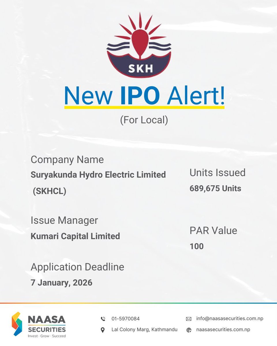 naasasecurities's tweet image. New Ipo Alert Locals!!

Suryakunda Hydro Electric Limited has published an offer letter to issue an Initial Public Offering (IPO) 689,675 units to the project-affected locals of Nuwakot District.

#naasasecurities #New #announcement #debenture #notice #alert #naasasecurities