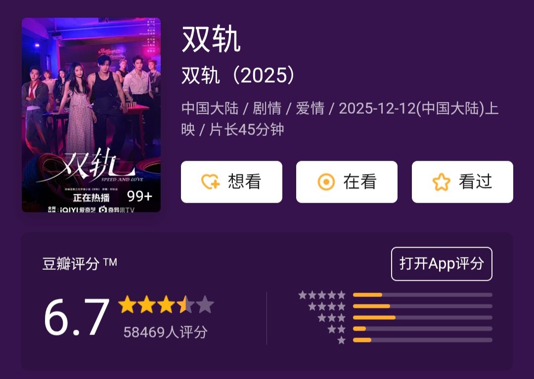 FKShi's tweet image. TV Series 双轨 / Shuang Gui / Speed And Love, open rating in Douban with score = 6.7 from 58K++ raters.

Cast: #YuShuXin #HeYu #FeiQiMing #MikeAngelo #YinHaoYu #FeiQiMing #SunMeiLin #LiAo #LuanYuanHui #ChuXiaoXiang (#Casper) #GuanZiJing etc

24/12/25