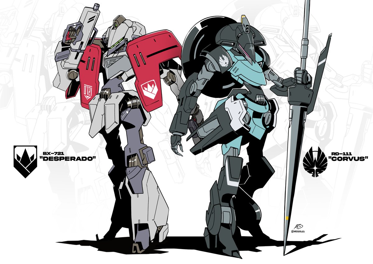 apdoodles's tweet image. Originally meant to succeed the Desperado, the RD-111 "Corvus" was superior in every way, forged from far purer Arc-Metal. When the two met on opposite sides of the Petal War, the Corvus ruthlessly dispatched its older brothers.

#PROJECTMARGRAVE