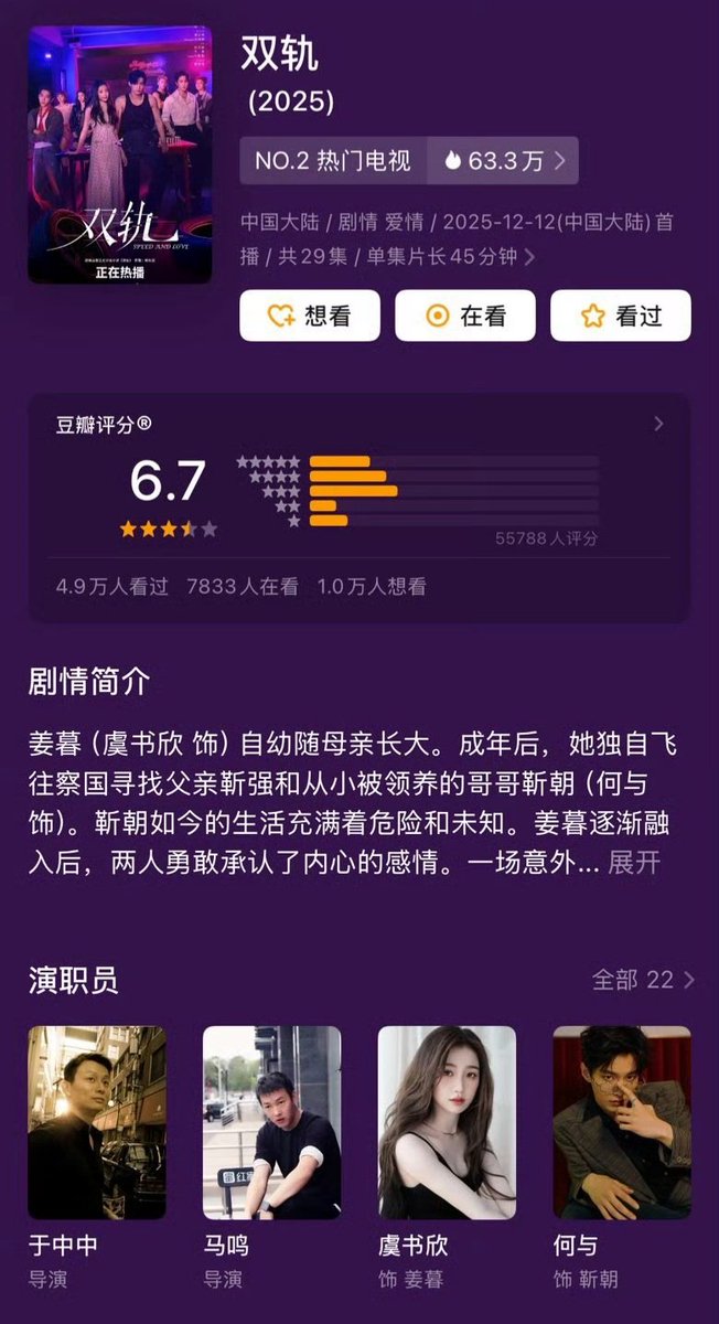 CEntMelons's tweet image. Web series #SpeedAndLove 
Douban rating revealed: 6.7

with ~60k user ratings

Lead Starring #YuShuxin #HeYu