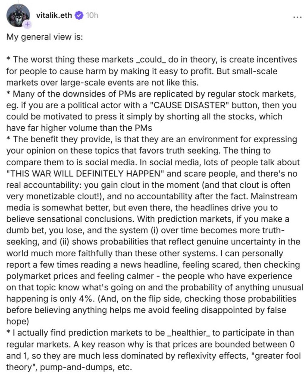 Leozayaat's tweet image. The Platonic prediction market

@VitalikButerin's "healthier prediction markets" only exist in an idealized textbook version. Today in practice, it is anything but that. 

1) the mechanism of PM to turn private information into public knowledge is through subsidies. Historically…