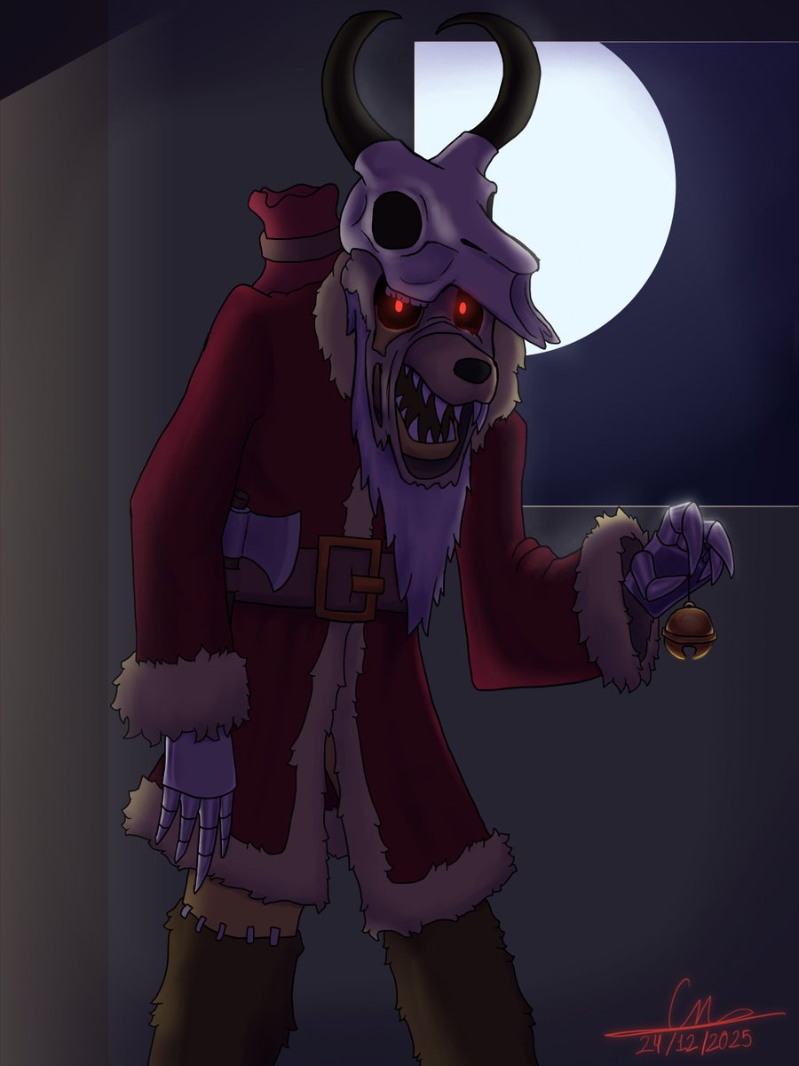 "Espero que se hayan portado muy bien, porque este Krampus te castigará feo, e infundirá terror."

Hace tiempo que quería dibujar a esta versión de [REDACTED] para navidad, pero siempre llegaba tarde, XD.

#oc #ocart #horror #horroroc #Christmas2025 #digitalart #DigitalArtist