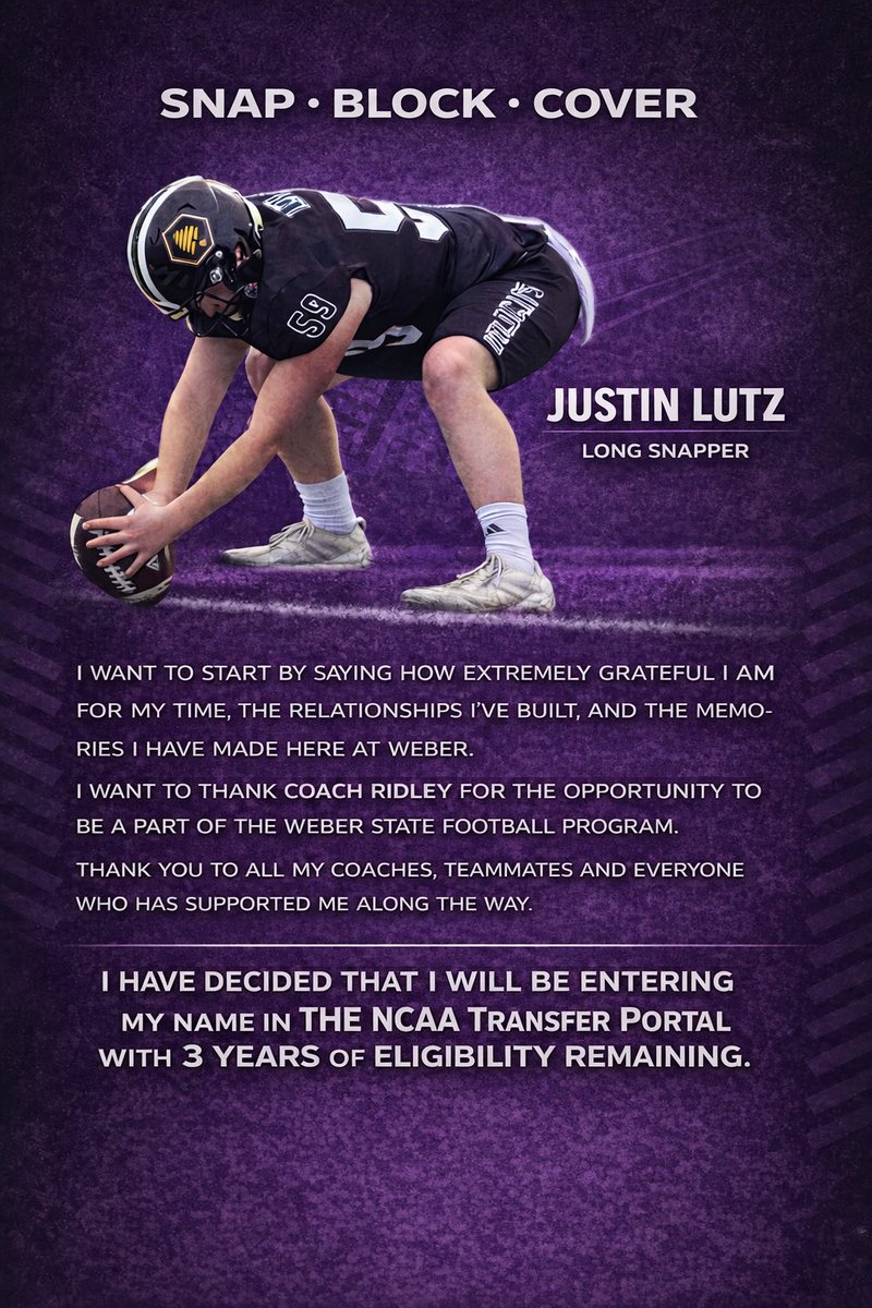 justinlutz59's tweet photo. I will be entering the transfer portal with 3 years of eligibility remaining!

Thank you Weber State💜 https://t.co/NcLzwBVR8e