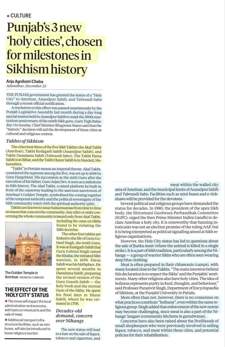 imRavikantYadav's tweet photo. Punjab's 3 new 'Holy Cities', chosen for milestones in Sikhism history
:Details by Ms Anju Agnihotri Chaba
@Anjuagnihotri1
#Punjab #HolyCity
#Amritsar #WalledCity
#AnandpurSahib #TalwandiSabo
#Sikh #Takht #Sikhism
#Nihangs
#Religion
#UPSC
Source:IE https://t.co/iHr3qqFZHQ