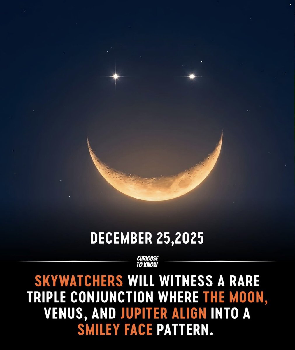 myfriendblondie's tweet photo. 12/25/25 😮🫣

On December 25, skywatchers will be treated to a rare and charming celestial display known as a Triple Conjunction, in which the Moon, Venus, and Jupiter align to form what looks like a smiley face in the night sky. In this arrangement, the crescent Moon creates the “smile,” while the two bright planets appear as glowing “eyes.” 🪐🌙🌕

SMILE 😀#MrPool #XRPArmy