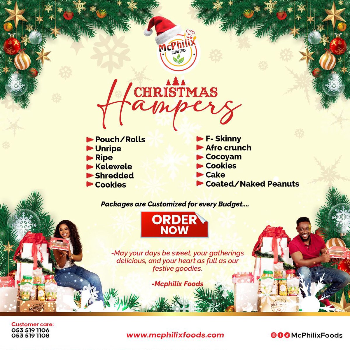 🎄 Christmas in a Box! 🎄 
Grab a McPhilix Hamper packed with: 
✅ Plantain Chips (Ripe/Unripe) 
✅ Afro Crunch &amp; Kelewele 
✅ Cookies, Cakes &amp; Peanuts 
💰 Packages for every budget! 
📞 Call to order: 053 519 1106 
Spread the joy, share the snacks! 🍿