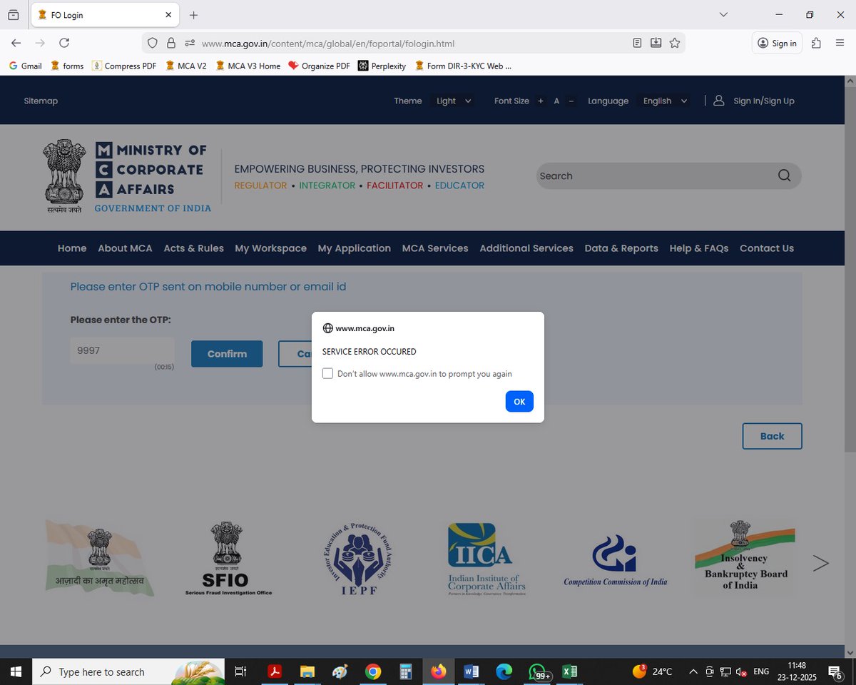 carajendra89's tweet photo. MCA login glitches
It takes a lot trials to login the portal.

MCA site itself says "service error occurred" 

Need any other  proof 🙏🏻 

Please extend due date and bring CLSS amnesty scheme 🙏🏻

@MCA21India @PMOIndia @nsitharaman @hdmalhotra @icsi_cs https://t.co/NpHbHd7e1n