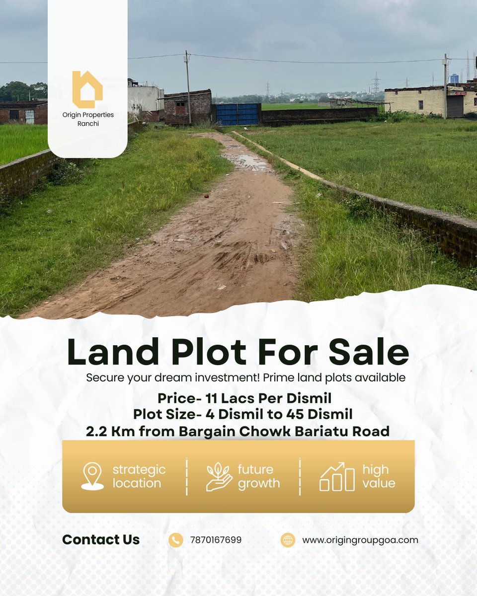 OriginPropertyR's tweet photo. Land Plot for Sale in Ranchi | Smart Investment
Premium land plots near Bariatu Road
📍 Just 2.2 KM from Bargain Chowk
💰 ₹11 Lacs per Dismil
📐 4–45 Dismil available
📈 High growth potential

📲 DM for details / site visit
📞 7870167699
#LandForSale #PropertyInvestment #OG https://t.co/VGn59iWin5