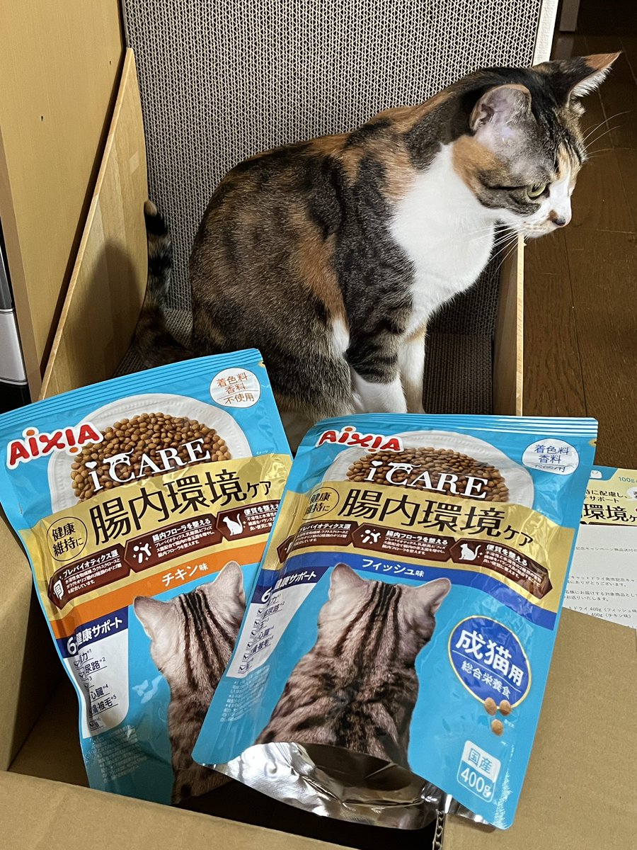 mikuri_ke's tweet photo. AIXIA様より先着2222名の
•iCAREキャットドライ400g(フォッシュ味)
•iCAREキャットドライ400g(チキン味)
たっぷり2袋もいただきました❗️
腸内環境・便臭ケアなど愛猫にも飼い主にも優しいキャットフードです💕
しかも安心の国産✨
AIXIA様ありがとうございました😊
#AIXIA #アイシア #当選 #先着 https://t.co/CyRfxHEo4r