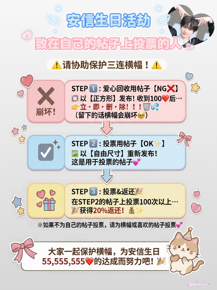 mimitsunn's tweet photo. ˚₊‧꒰ა ANXIN 誕生日当日の投稿＆投票時のポイント ໒꒱ ‧₊˚
簡単に 4ヶ国語 でまとめました✨

初めてアプリ投票に参加される方も、
いつも投稿してくださっている方も、
当日をスムーズに迎えられるように、
そっと確認してもらえたら嬉しいです🫶🏻

みんなで協力して✨アンシンの誕生日✨を
最後まで笑顔で迎えられますように

55,555,555❤️ みんなで達成できたらいいね †_(･ω･)β.｡.:･ﾟ