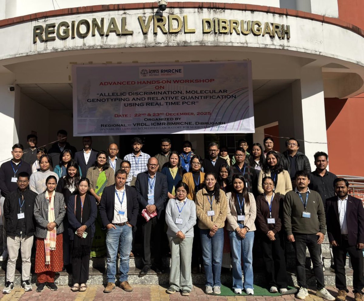 rmrcne's tweet photo. Regional VRDL, ICMR-RMRCNE, Dibrugarh organized a two-day hands-on Real-time PCR workshop on 22–23 Dec 2025. 29 participants from eight Northeastern Institutions gained skills in Allelic discrimination, Molecular genotyping and Relative gene expression analysis.
#ICMR
#RMRCNE https://t.co/HeoXWjmduS