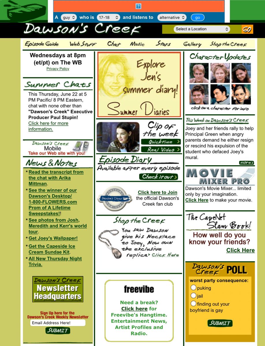 bring back websites for tv shows !! i want silly wallpapers, character diaries, weekly polls, playlists. give it to me.