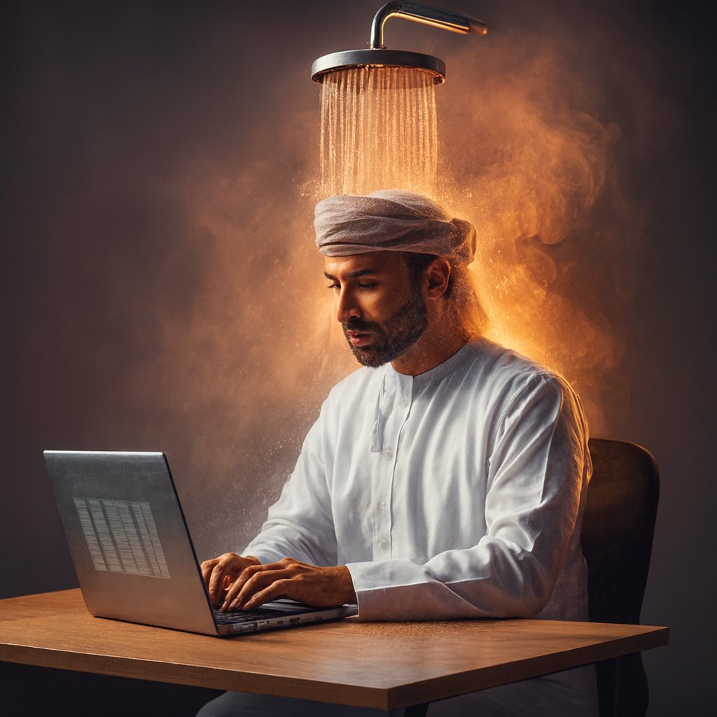 الواحد على هذا الصبح والبرد ما وده يطلع من المسبح.
إيش يصير يعني لو الواحد يداوم تحت الدش؟
يا اما ياخذ الدش معه الدوام، أو ياخذ مكتبه تحت الدش.