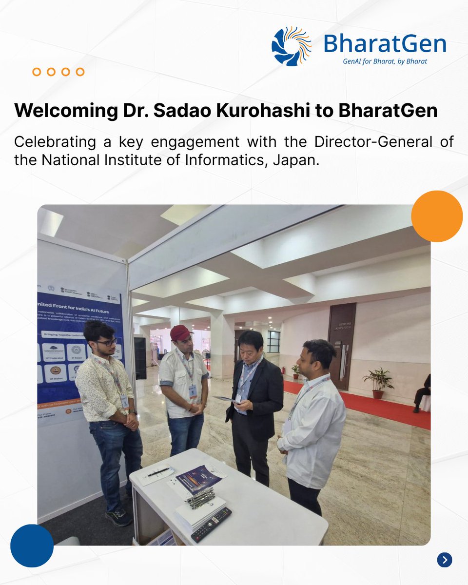 BharatGen_Com's tweet image. We were honored to welcome Mr. Sadao Kurohashi to the BharatGen office, where he met with our senior management for an engaging exchange on research, innovation, and global collaboration.

#BharatGen #GlobalCollaboration #AIResearch #Leadership