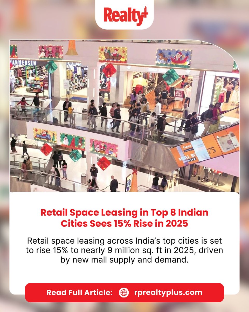 RPRealtyPlus's tweet image. India’s retail real estate is back in action. Leasing is set to touch nearly 9 million sq. ft in 2025, driven by new mall supply and experience-led formats.

🔗 Read the full story: rprealtyplus.com/news-views/ret…

#RetailRealEstate #MallLeasing #HighStreetRetail #IndiaConsumption