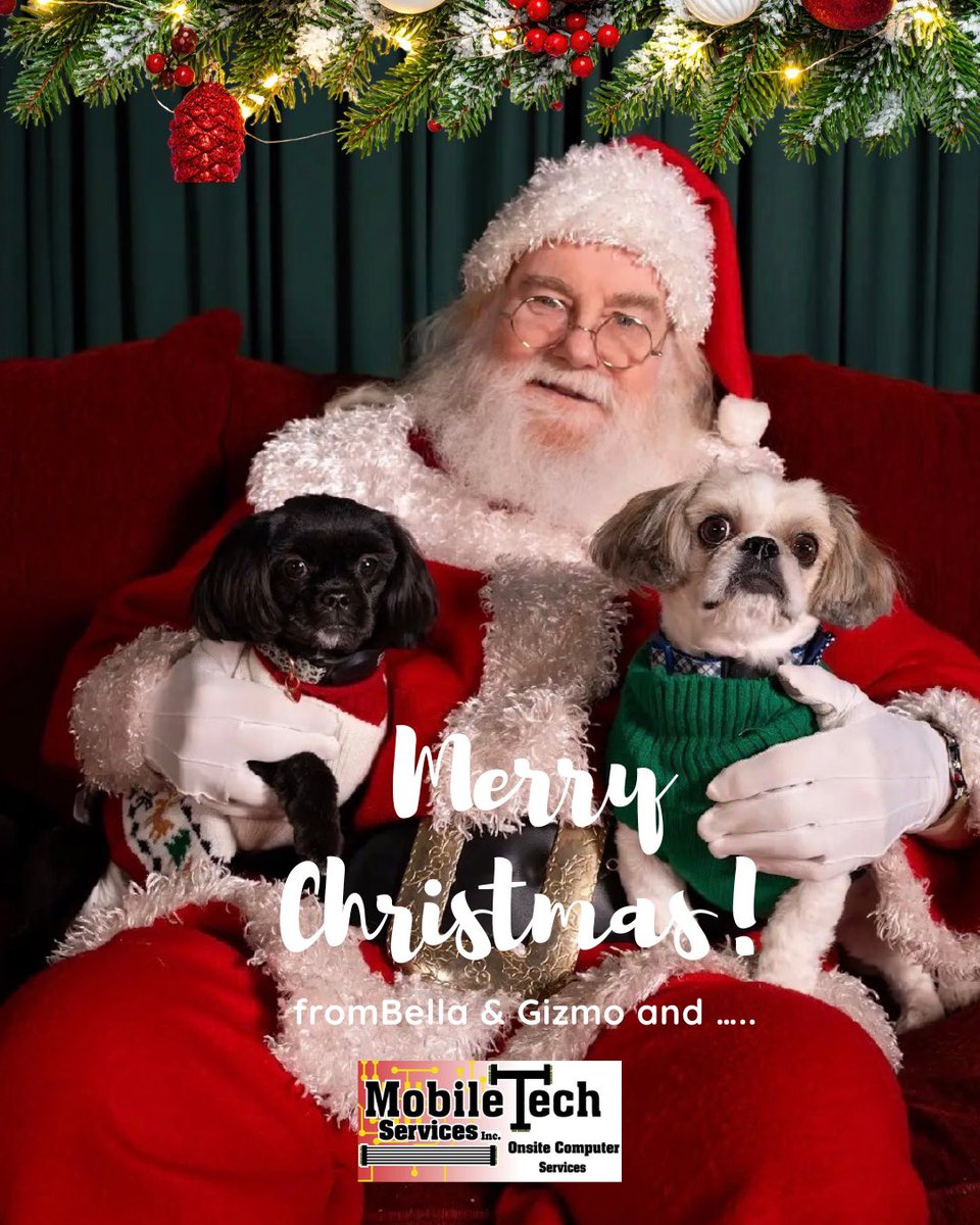 MobileTechServ1's tweet photo. Merry Christmas from Bella, Gizmo and Mobile.  Wishing you and yours a safe and peaceful Holiday. https://t.co/tvahIsn5Cn