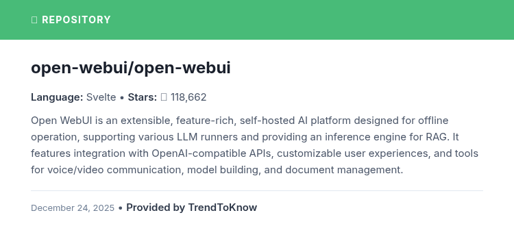 aitrendings's tweet image. open-webui/open-webui

💻 Svelte

#OpenSource #AIPlatform #LLM #Svelte #MachineLearning

🔗 trendtoknow.ai