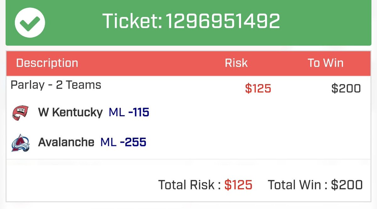 Nuestra apuesta del Grupo Elite de hoy...
Me encantaba Western Kentucky en su tazón colegial, pero ya saben como soy yo con los pagos positivos, tenemos que darlos si o si en este grupo
Así que lo combinamos con la vieja confiable, Avalanche y ya tuvimos +
200 dolaritos navideños